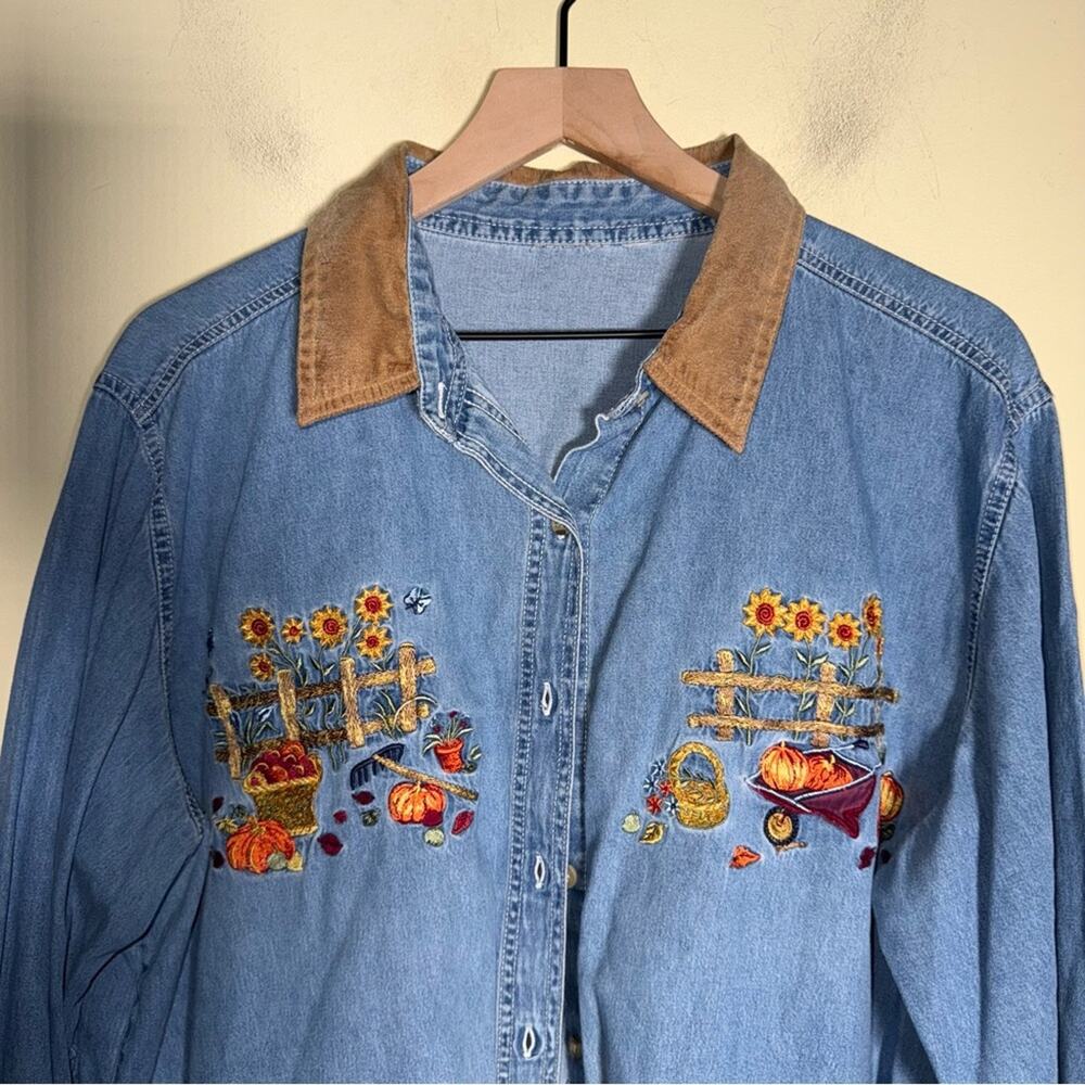 VINTAGe Embroidered Denim Shirt with Fall Thanksgiving design w suede collar XL - Picture 5 of 6